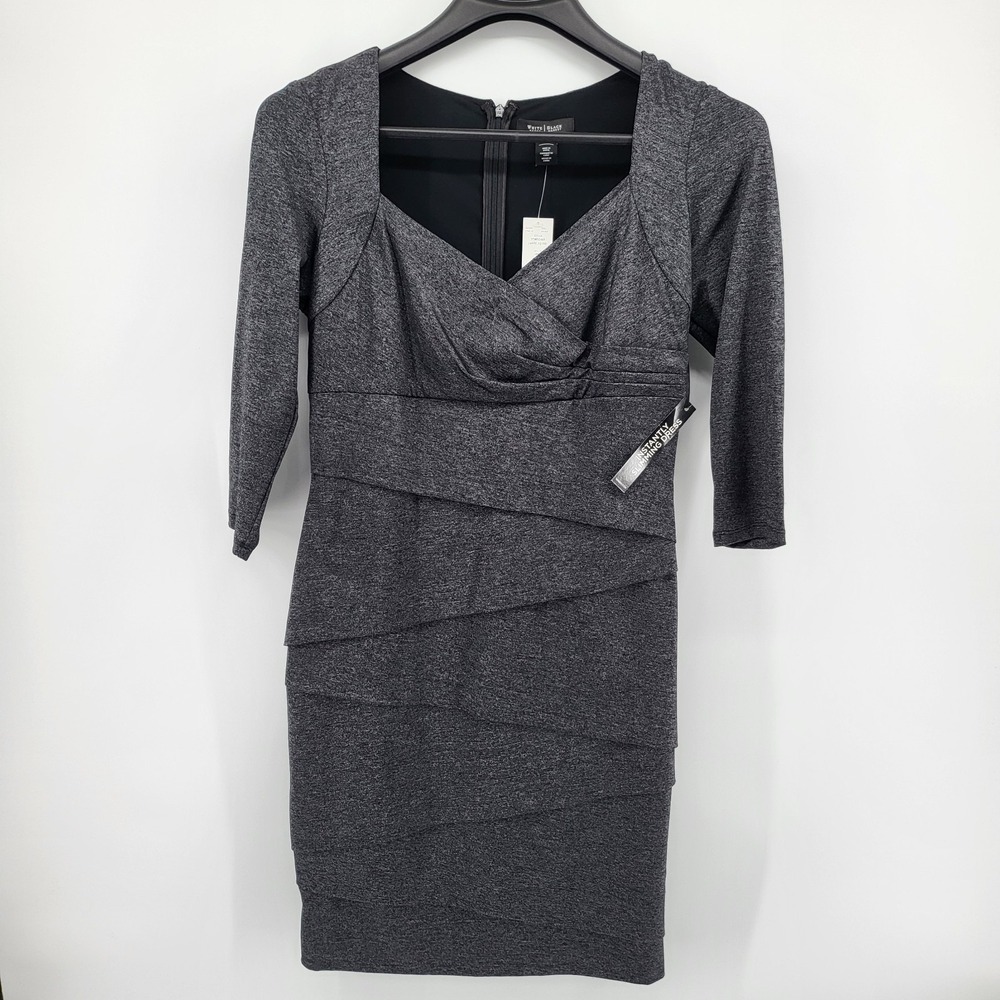 White House Black Market Jaspe‎ 3/4 Sleeve Dark Gray Dress size 12 Shapeware New
